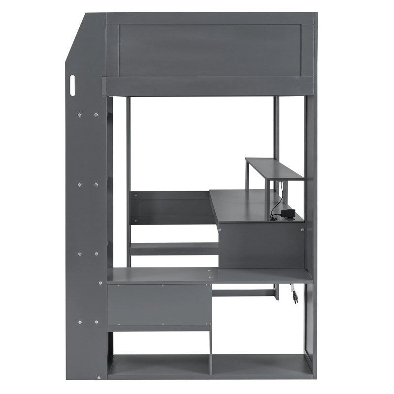 Houten gaminghoogslaper voor eenpersoonsmatras met bureau, opbergplanken, ledverlichting en oplaadstation, donkergrijs