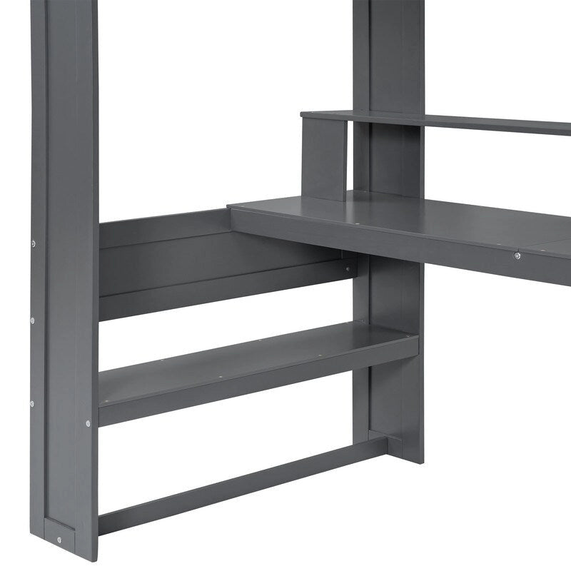 Houten gaminghoogslaper voor eenpersoonsmatras met bureau, opbergplanken, ledverlichting en oplaadstation, donkergrijs