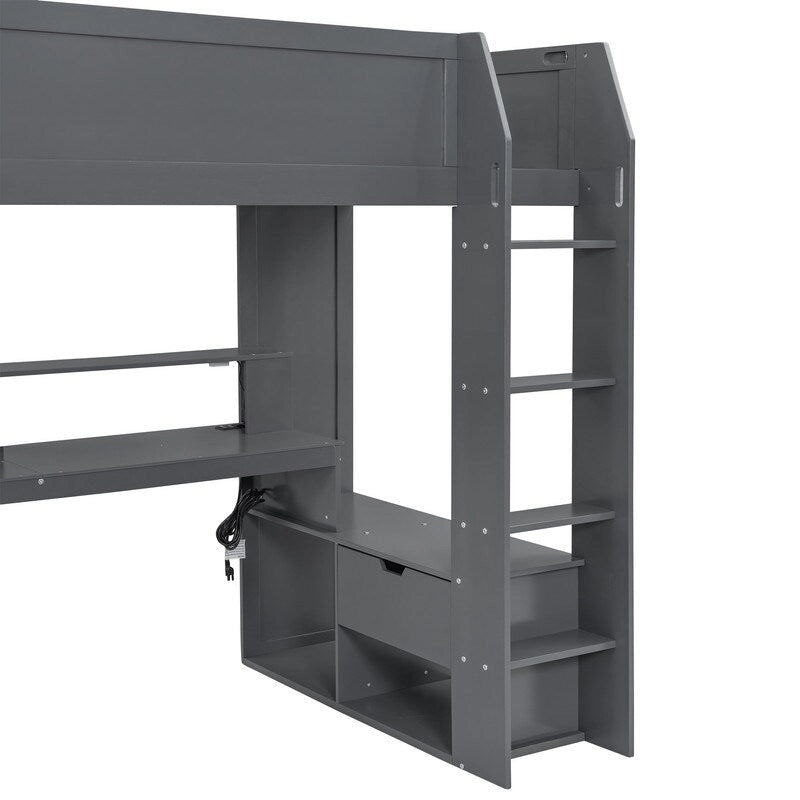 Houten gaminghoogslaper voor eenpersoonsmatras met bureau, opbergplanken, ledverlichting en oplaadstation, donkergrijs