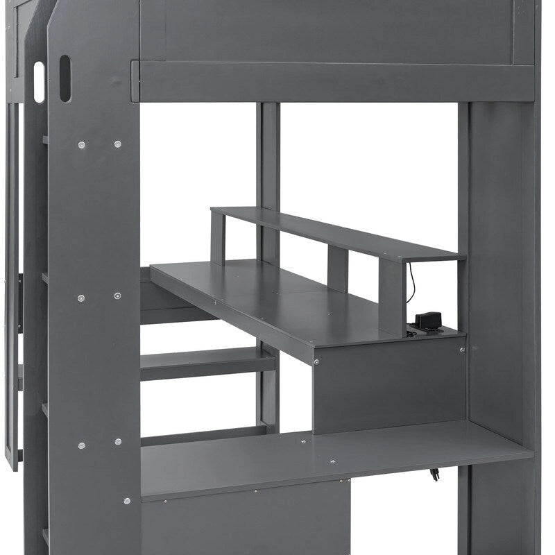 Houten gaminghoogslaper voor eenpersoonsmatras met bureau, opbergplanken, ledverlichting en oplaadstation, donkergrijs