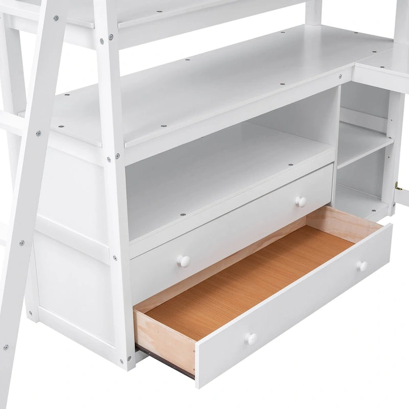 Hoogslaper in full-size met bureau en planken, twee ingebouwde laden