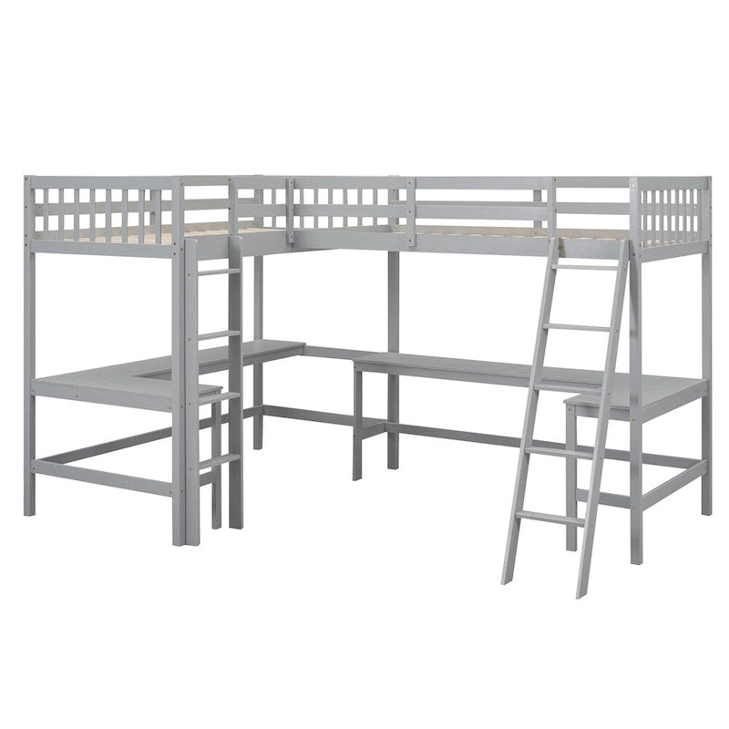 Twin Size Wood L-Shaped Loft Bed with Ladder and 2 Built-in Desks