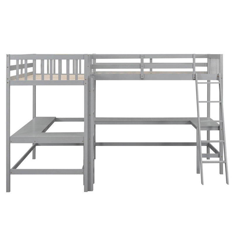 Letto a soppalco a L in legno singolo con scala e 2 scrivanie integrate