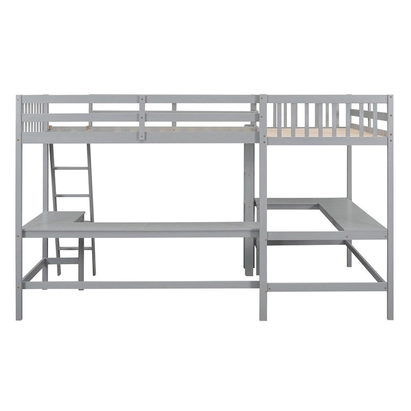 Letto a soppalco a L in legno singolo con scala e 2 scrivanie integrate