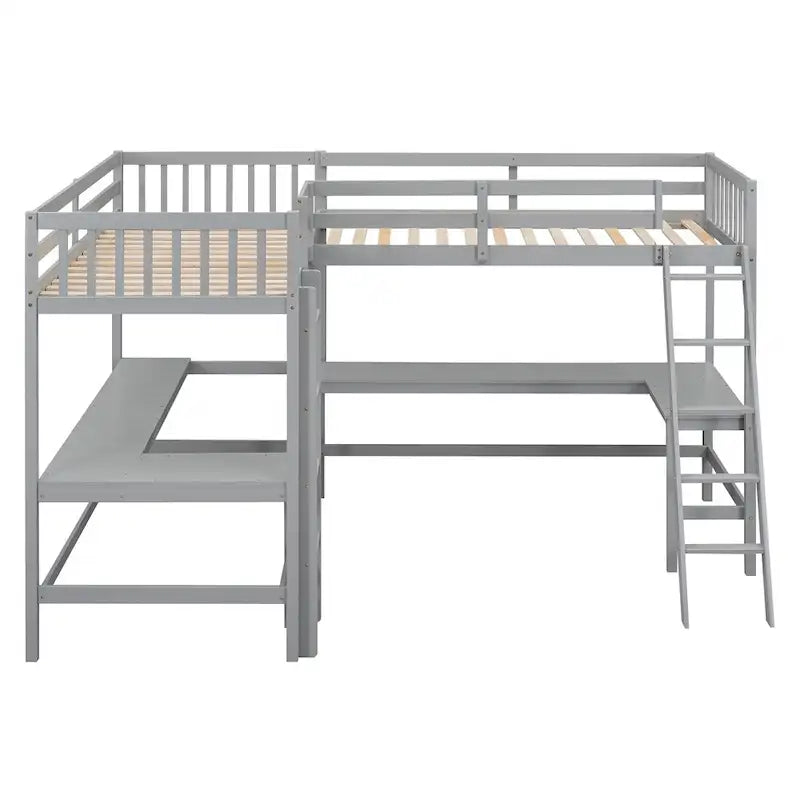 Letto a soppalco a L in legno singolo con scala e 2 scrivanie integrate