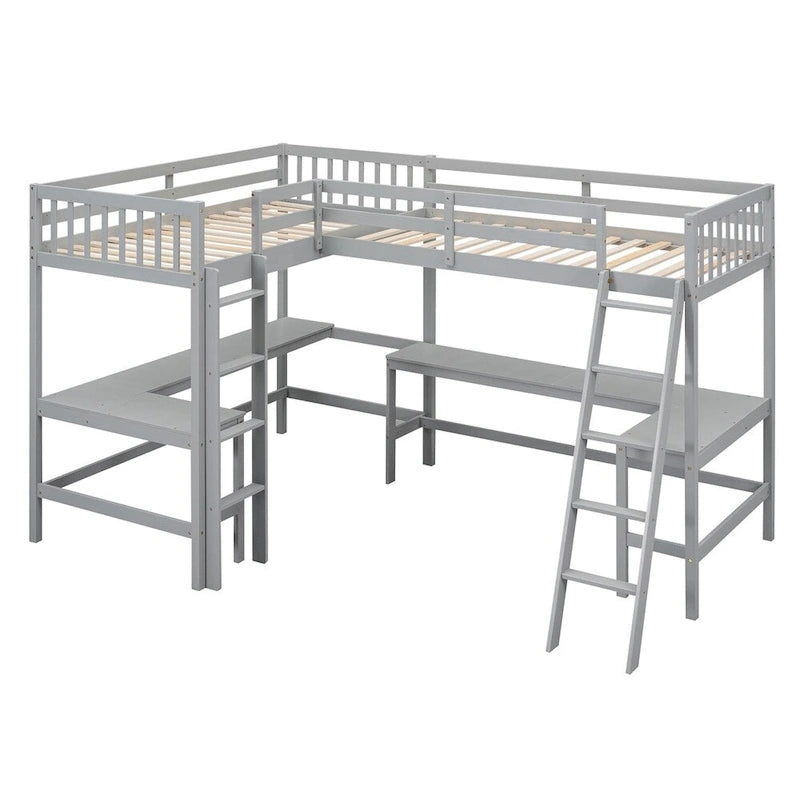Letto a soppalco a L in legno singolo con scala e 2 scrivanie integrate