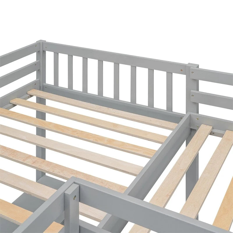 Letto a soppalco a L in legno singolo con scala e 2 scrivanie integrate