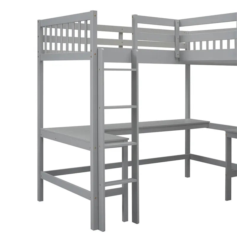 Letto a soppalco a L in legno singolo con scala e 2 scrivanie integrate