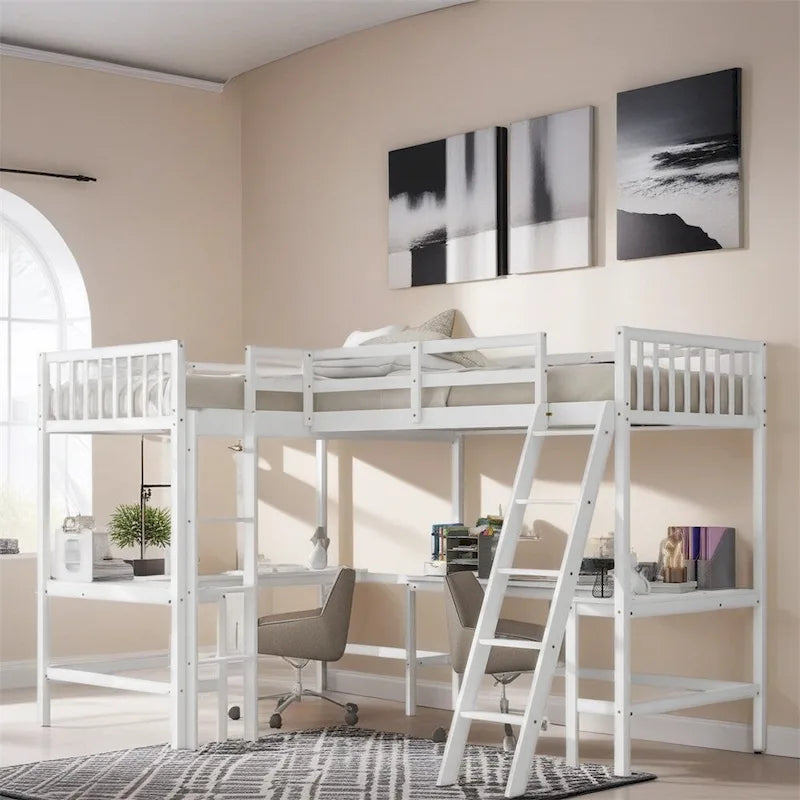 Letto a soppalco a L in legno singolo con scala e 2 scrivanie integrate