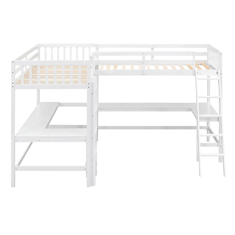 Letto a soppalco a L in legno singolo con scala e 2 scrivanie integrate