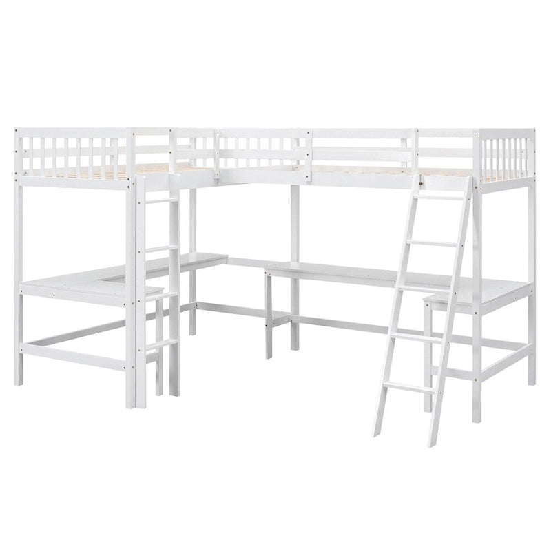 Letto a soppalco a L in legno singolo con scala e 2 scrivanie integrate