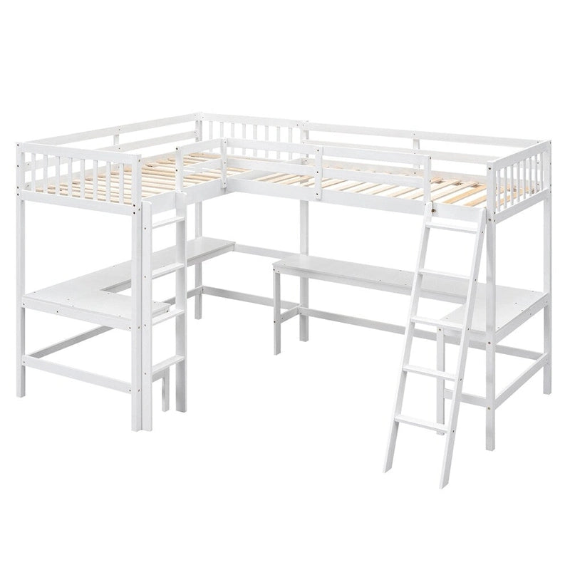 Letto a soppalco a L in legno singolo con scala e 2 scrivanie integrate