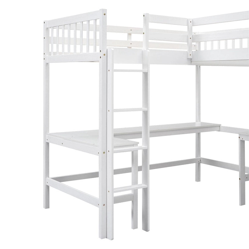 Letto a soppalco a L in legno singolo con scala e 2 scrivanie integrate