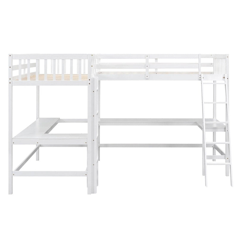 Letto a soppalco a L in legno singolo con scala e 2 scrivanie integrate