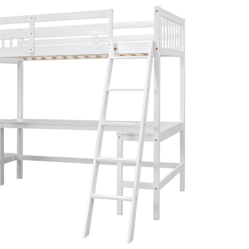 Letto a soppalco a L in legno singolo con scala e 2 scrivanie integrate