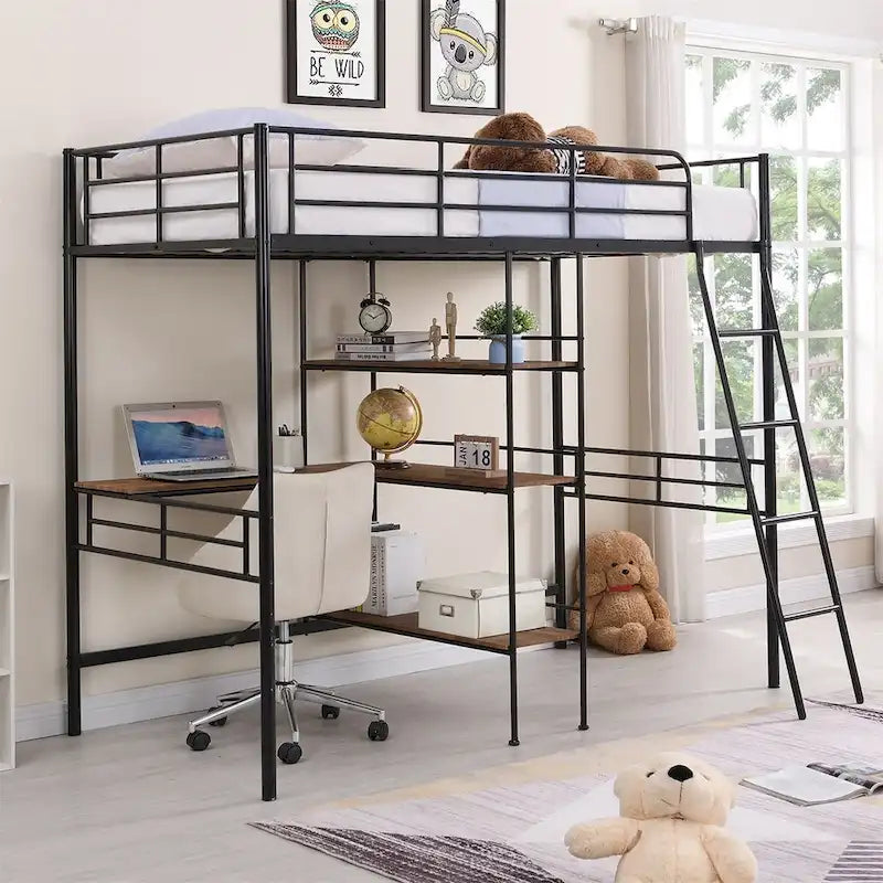 Merax Twin Size Metal Loft Bed with Built-in Desk and Shelves