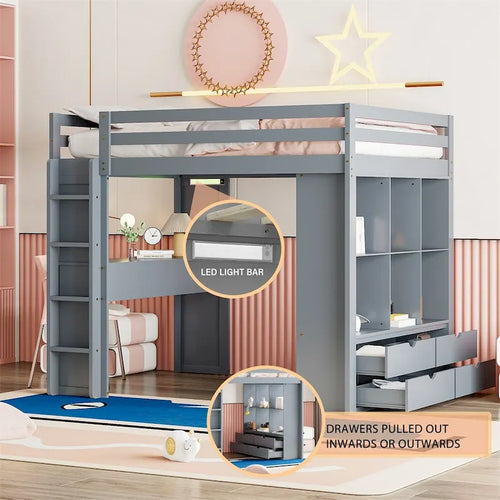 Letto a soppalco a due piazze con ampie mensole, scrivania e luce LED