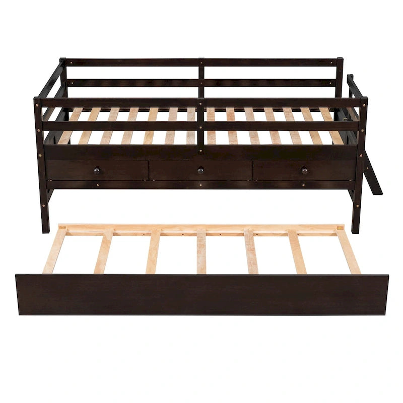 Low Loft Bed Twin Size with Full Safety Fence, Climbing ladder, Storage Drawers and Trundle Solid Wood Bed