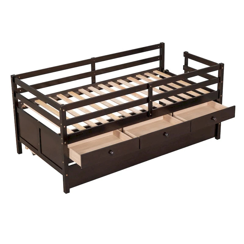 Niedriges Hochbett in Twin-Größe mit vollständigem Sicherheitszaun, Kletterleiter, Stauraumschubladen und ausziehbarem Bett, Massivholzbett