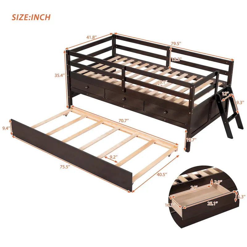 Niedriges Hochbett in Twin-Größe mit vollständigem Sicherheitszaun, Kletterleiter, Stauraumschubladen und ausziehbarem Bett, Massivholzbett