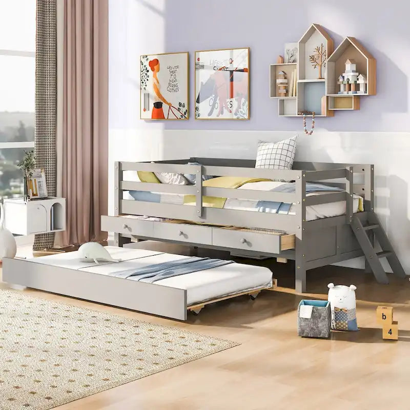 Lage hoogslaper in twin size met volledige veiligheidsomheining, kl ladder, opbergladen en uitschuifbed, bed van massief hout