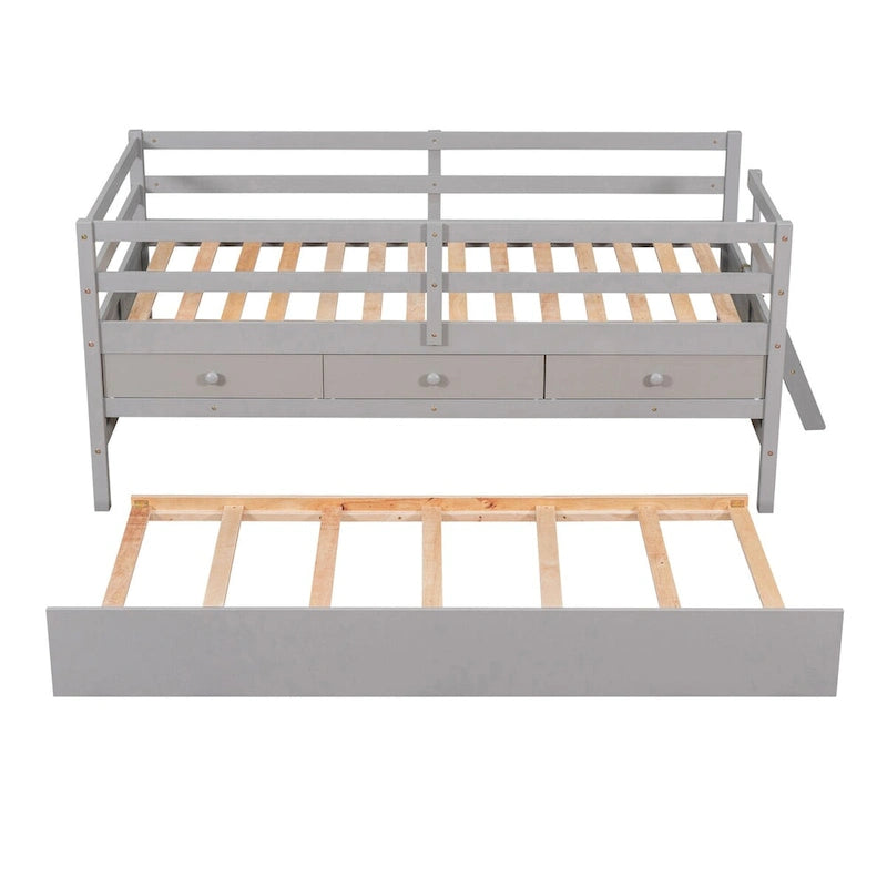 Niedriges Hochbett in Twin-Größe mit vollständigem Sicherheitszaun, Kletterleiter, Stauraumschubladen und ausziehbarem Bett, Massivholzbett