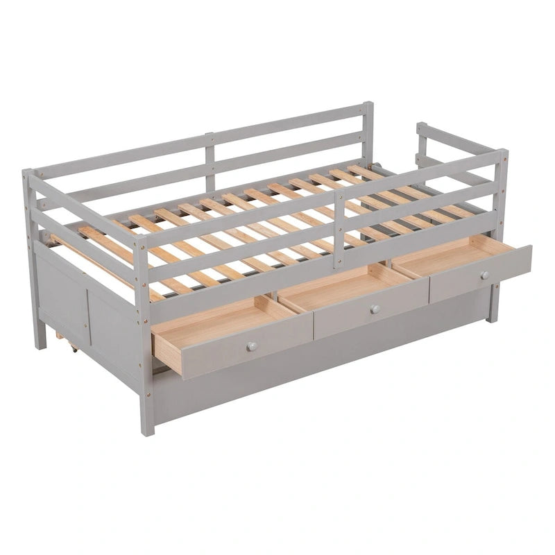 Niedriges Hochbett in Twin-Größe mit vollständigem Sicherheitszaun, Kletterleiter, Stauraumschubladen und ausziehbarem Bett, Massivholzbett