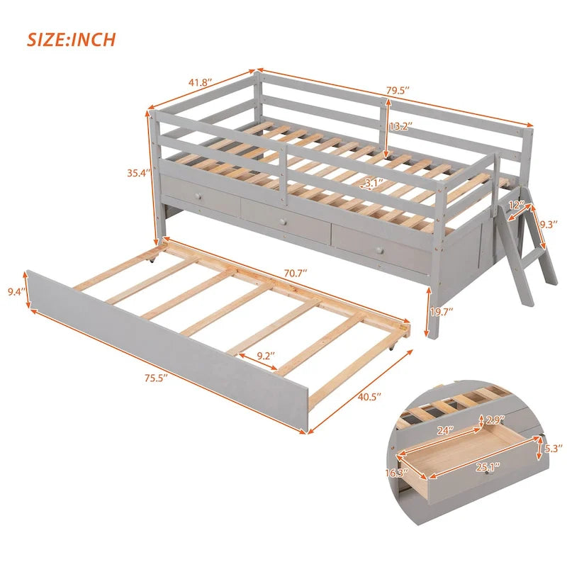 Niedriges Hochbett in Twin-Größe mit vollständigem Sicherheitszaun, Kletterleiter, Stauraumschubladen und ausziehbarem Bett, Massivholzbett