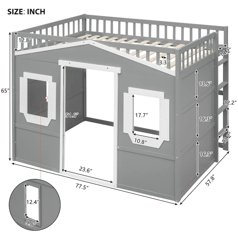 Solid Wood Full Size House Loft Bed with Ladder and Underbed Gaming Space