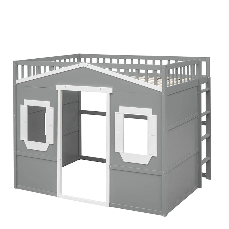 Solid Wood Full Size House Loft Bed with Ladder and Underbed Gaming Space