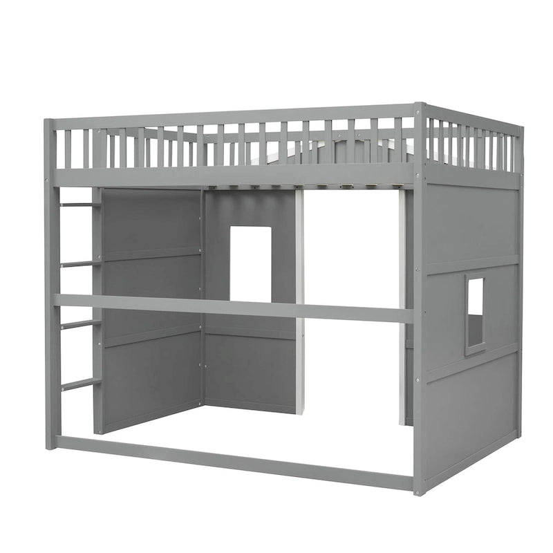 Solid Wood Full Size House Loft Bed with Ladder and Underbed Gaming Space
