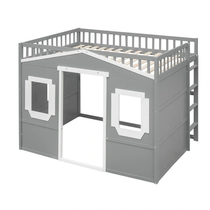 Solid Wood Full Size House Loft Bed with Ladder and Underbed Gaming Space