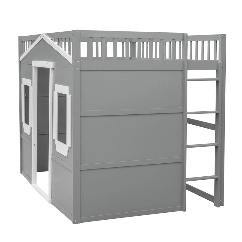 Solid Wood Full Size House Loft Bed with Ladder and Underbed Gaming Space