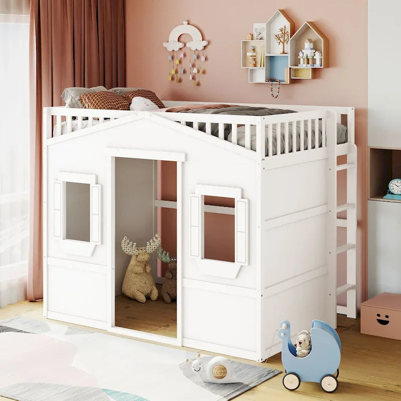 Solid Wood Full Size House Loft Bed with Ladder and Underbed Gaming Space