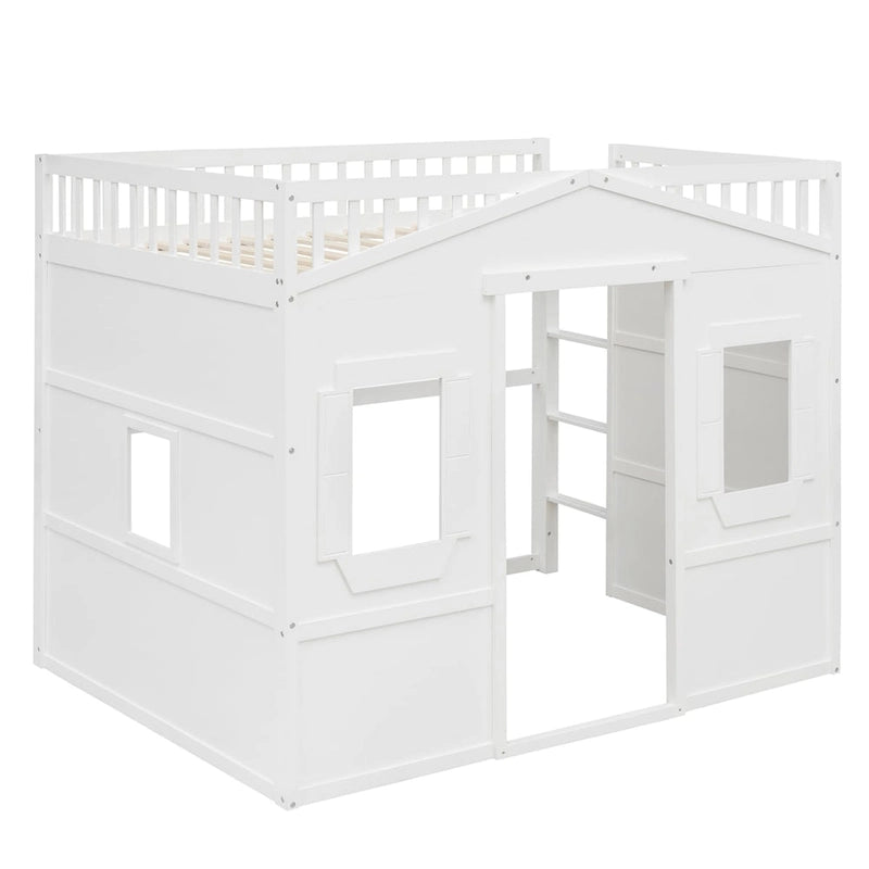 Solid Wood Full Size House Loft Bed with Ladder and Underbed Gaming Space