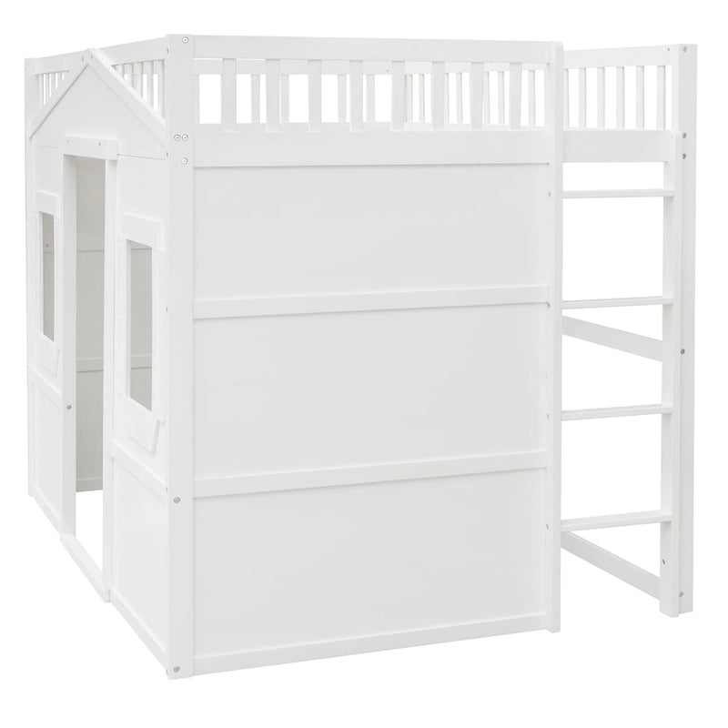 Solid Wood Full Size House Loft Bed with Ladder and Underbed Gaming Space