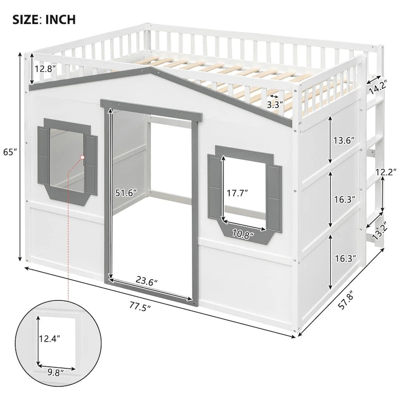 Solid Wood Full Size House Loft Bed with Ladder and Underbed Gaming Space