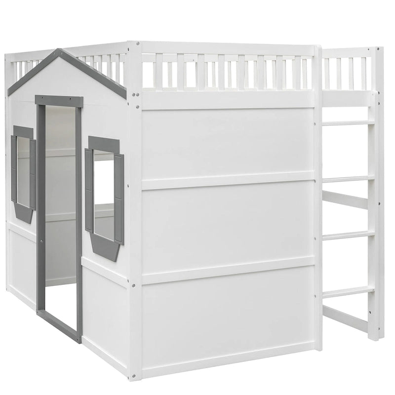 Solid Wood Full Size House Loft Bed with Ladder and Underbed Gaming Space