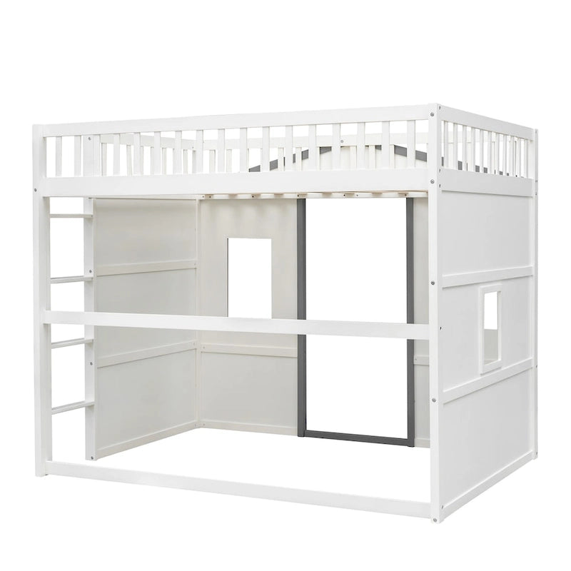 Solid Wood Full Size House Loft Bed with Ladder and Underbed Gaming Space