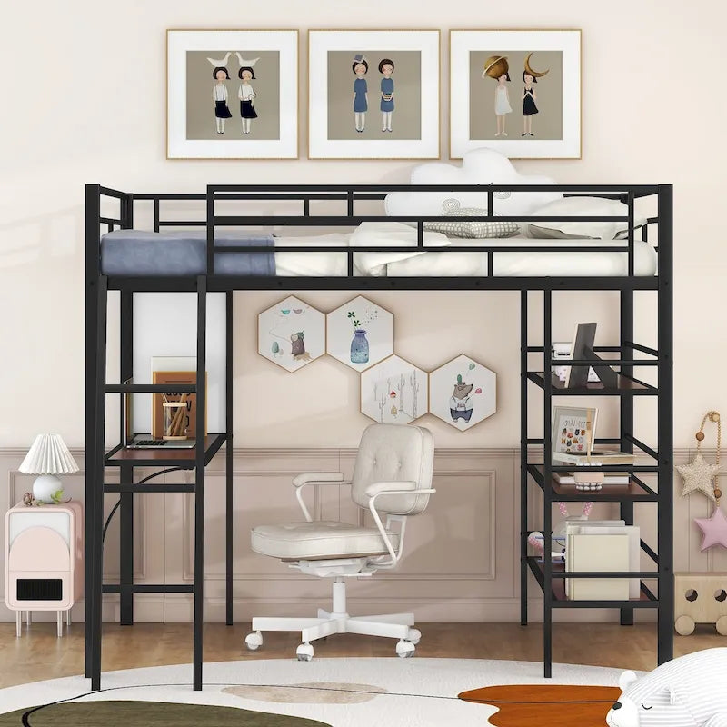 Metalen hoogslaper in Full Size met 3 lagen planken en bureau, stijlvol metalen frame met whiteboard