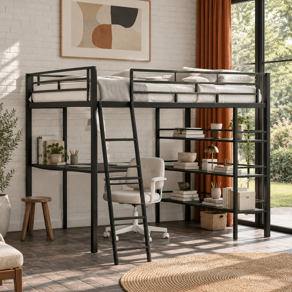 Full Size Loft Metal Bed with 3 Layers of Shelves and Desk, Stylish Metal Frame Bed with Whiteboard
