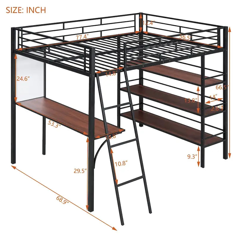 Metall-Hochbett in Full-Size mit 3 Regalebenen und Schreibtisch, stilvollem Metallrahmen und Whiteboard
