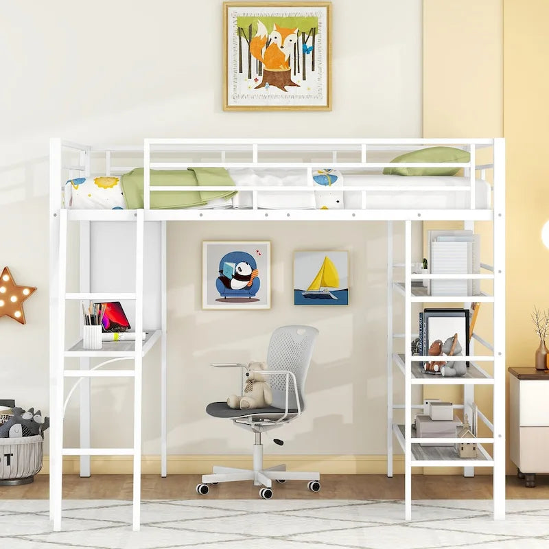 Metalen hoogslaper in Full Size met 3 lagen planken en bureau, stijlvol metalen frame met whiteboard