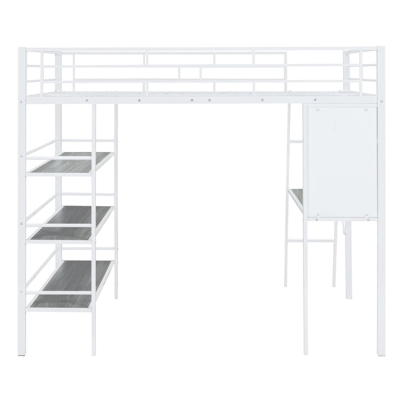 Metalen hoogslaper in Full Size met 3 lagen planken en bureau, stijlvol metalen frame met whiteboard