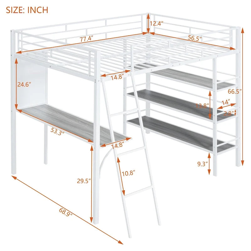 Metalen hoogslaper in Full Size met 3 lagen planken en bureau, stijlvol metalen frame met whiteboard