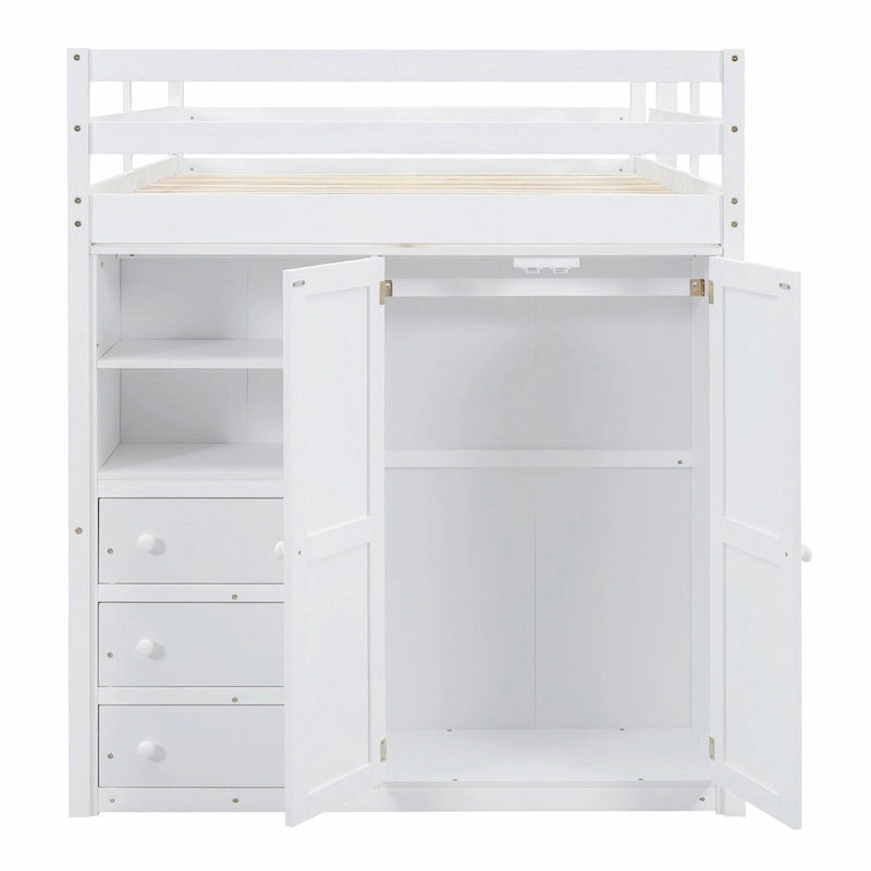 Lit mezzanine 2 places avec armoire, bureau, étagères de rangement et tiroirs