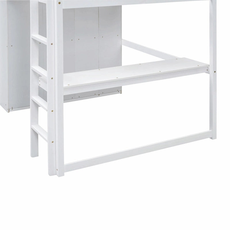 Lit mezzanine 2 places avec armoire, bureau, étagères de rangement et tiroirs