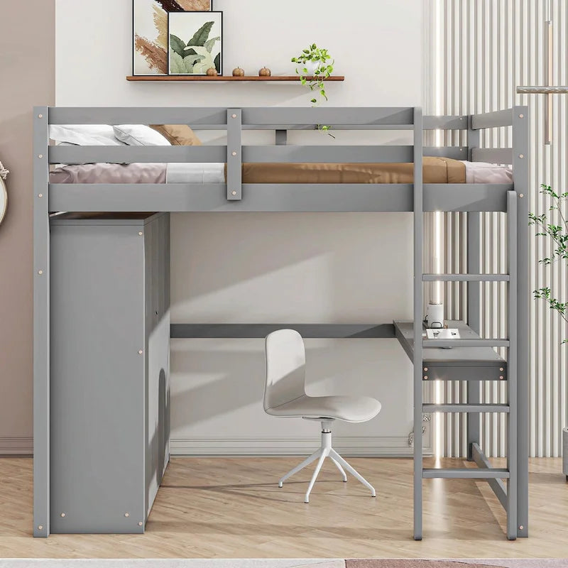 Lit mezzanine 2 places avec armoire, bureau, étagères de rangement et tiroirs