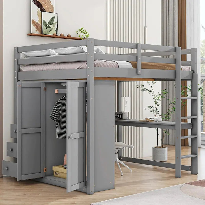 Lit mezzanine 2 places avec armoire, bureau, étagères de rangement et tiroirs