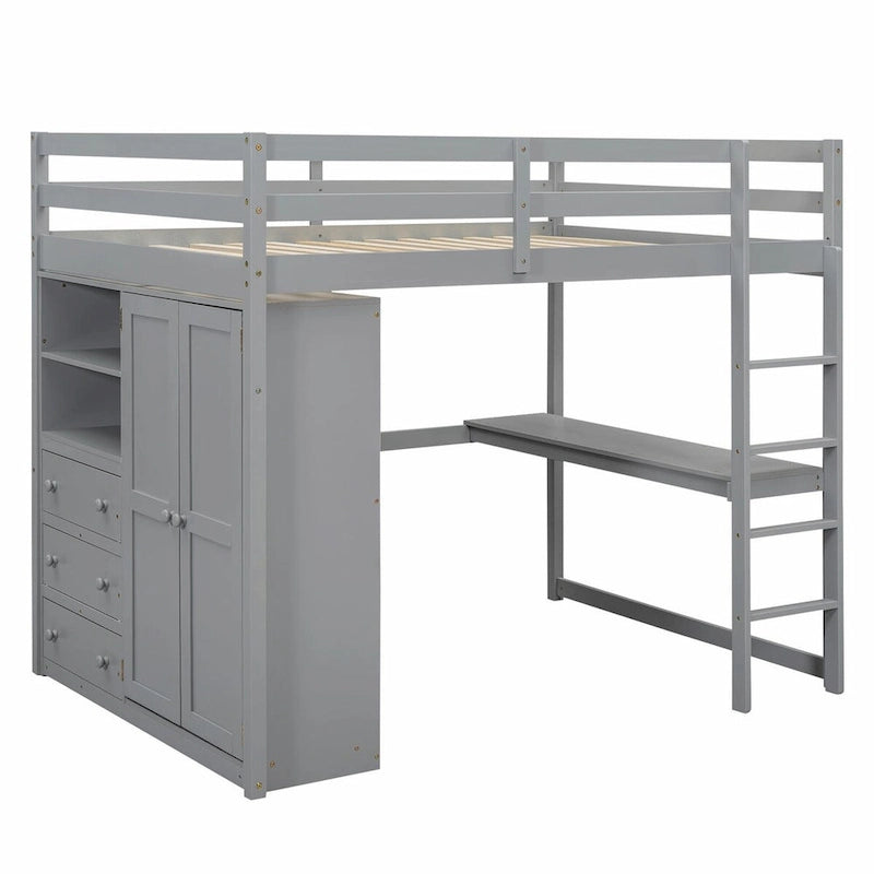 Lit mezzanine 2 places avec armoire, bureau, étagères de rangement et tiroirs